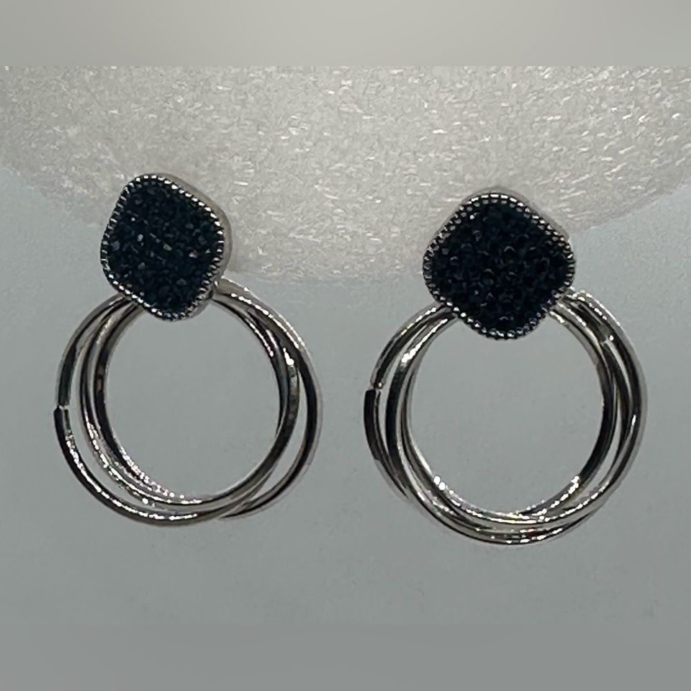 STUNNING Navy Blue Crystal Silver Dangle Hoop Earrings | Statement Jewelry | NWT - Picture 6 of 16